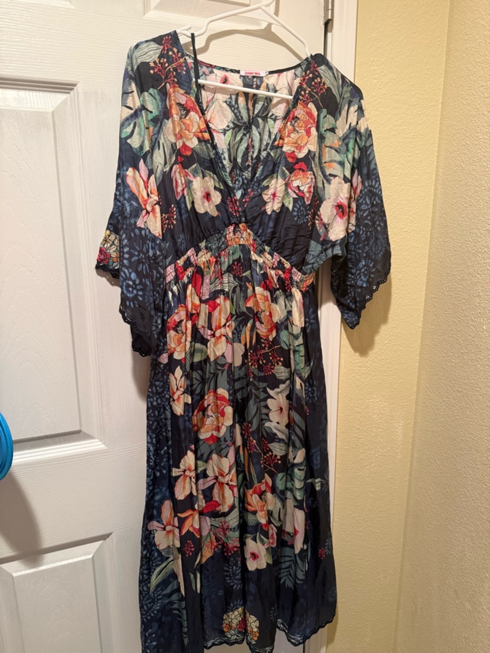 Johnny Was Navy Floral V-Neck Dress with Multicolor Print